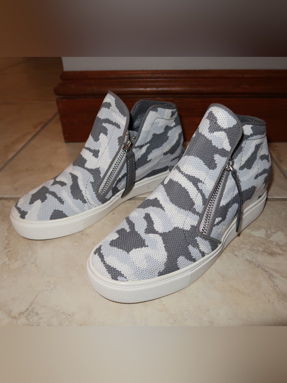 Gray & White Camo Slip-On Wedge Sneakers